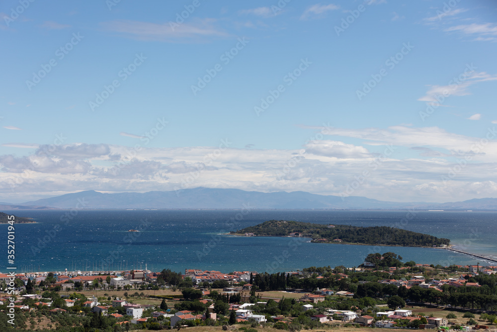 high angle cityscape view of small fishing town Urla in Izmir Turkey