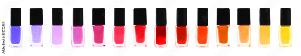 Set of different nail polishes on white background. Banner design Set of different nail polishes on white background. Banner design