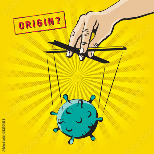 Coronavirus Bacteria Controlled by Comic Style Hand with Puppet Strings Conspiracy Concept About Covid-19 Laboratory or Animal Origin - Black on Yellow Background - Hand Drawn Graphic Design