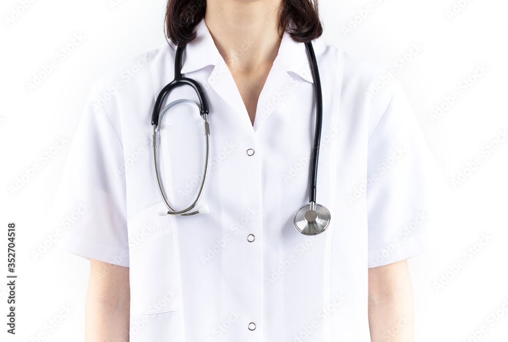 Female doctor with stethoscope and white uniform, on white background. healthcare and medicine concept. Female doctor with stethoscope and white uniform, on white background. healthcare and medicine concept.
