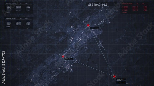 Tracking SIM card signal on the map. Special spy security following program interface. Three targets are moving. Satellite connection network. System Control Center. Target capture concept in 4K
