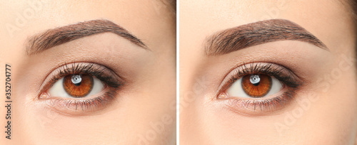 Vászonkép Woman before and after eyebrow correction, closeup. Banner design