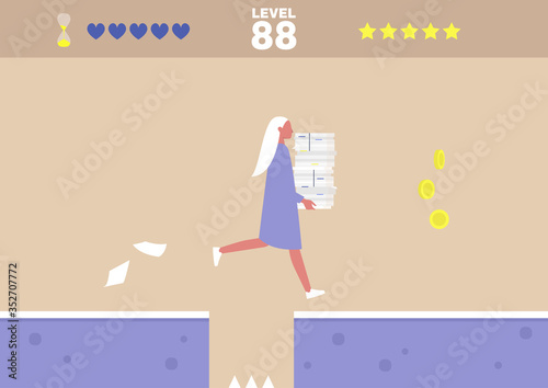 Office arcade video game, conceptual illustration, young female character running with a stack of paper