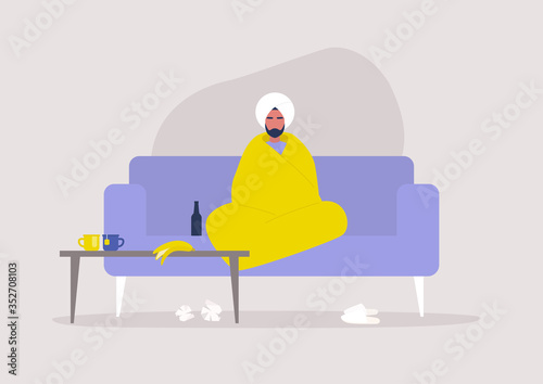 Young indian male character sitting wrapped in a blanket, depression and anxiety, self isolation, stay at home order