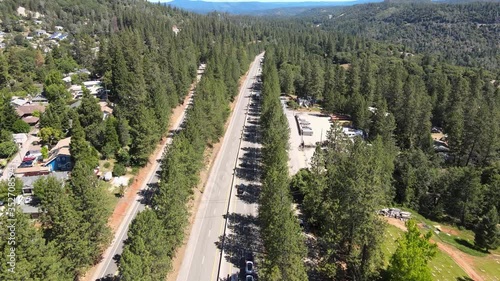 Freeway Traffic Tesla Cars Model S Leaving California Mountains  Morning Train UP HWY 80 HWY 174 Sunny Day Spring Pine Trees Travel HDR 