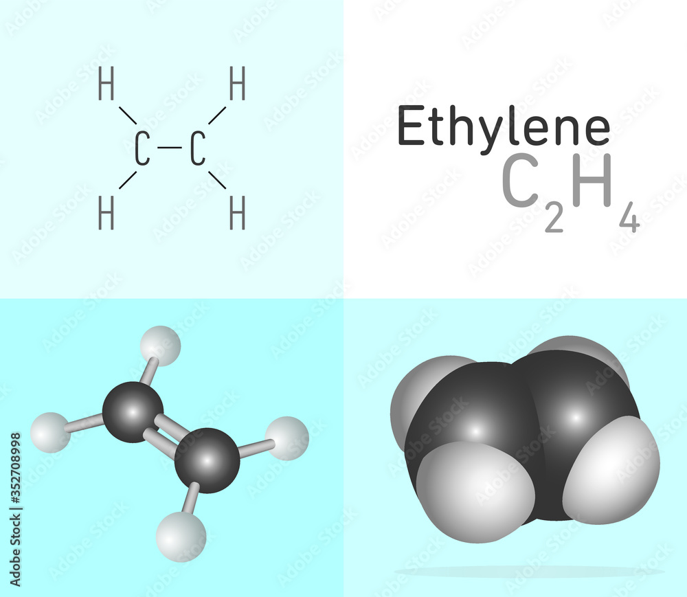 Ethylene (C2H4) gas molecule. Two different molecule model and chemical ...