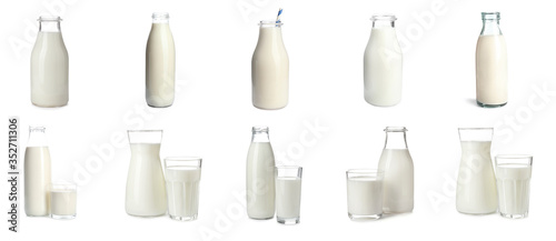 Set with different glassware of fresh milk on white background. Banner design