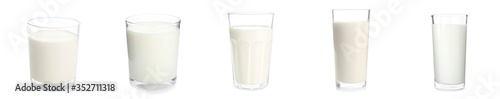 Set with glasses of fresh milk on white background. Banner design