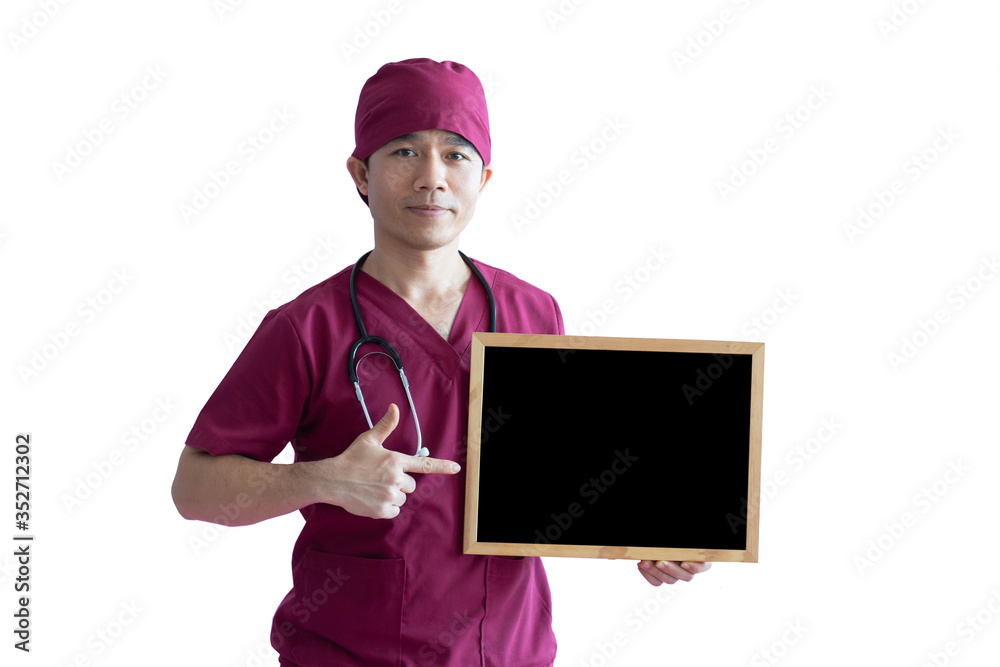 Asian doctor holding the empty blackboard isolated on white background. Asian doctor holding the empty blackboard isolated on white background.
