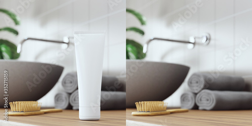 Cosmetic product display bathroom interior background. 3d illustration