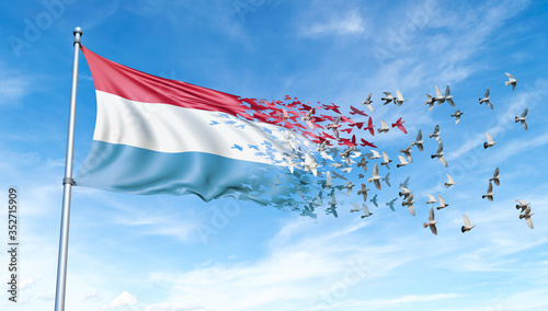 Luxembourg flag on a pole turn to birds while waving against a blue sky background - 3D illustration.