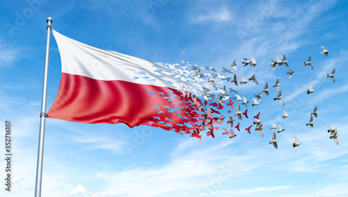 Fotografía Poland flag on a pole turn to birds while waving against a blue sky background - 3D illustration