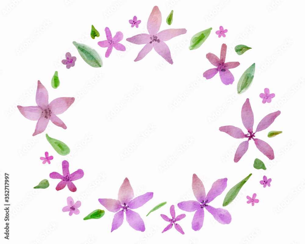 Fototapeta premium watercolor purple flowers wreath. Elegant floral, hand drawn watercolor. Design for invitation, wedding or greeting cards.