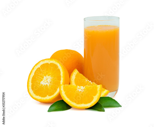 Close-up of Glass squeezed orange juice and fresh fruits ripe cut half with green leaves (Fruit organic from natural food vegetarian for healthy) isolated on white background. with clipping path.