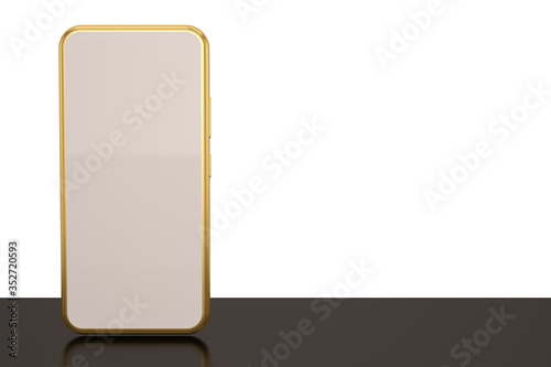 Smartphone mockup with golden metal frame above white table. 3D illustration.