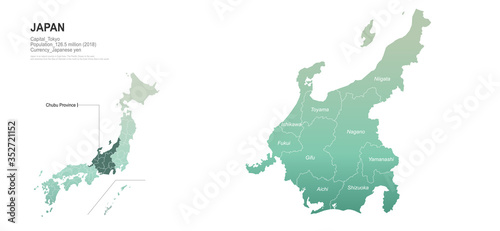 chubu map. japan regions map series. vector map of japan provinces.
