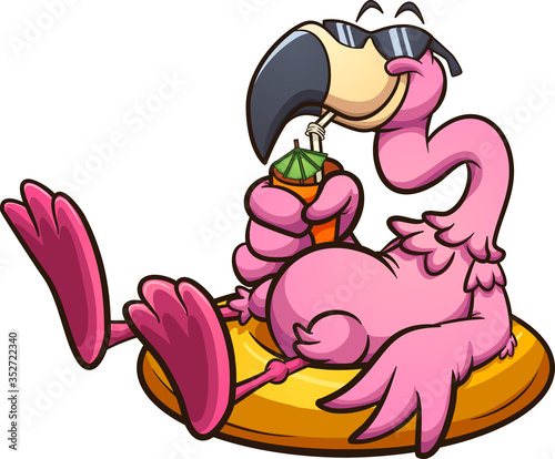 Pink flamingo with sunglasses resting on a lifesaver and having a tropical drink. Vector cartoon clip art illustration with simple gradients. All on a single layer.

