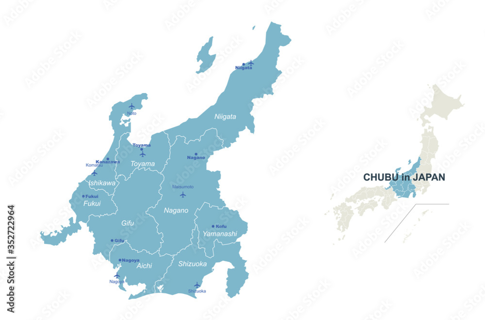 chubu map. japan regions map series. vector map of japan provinces.