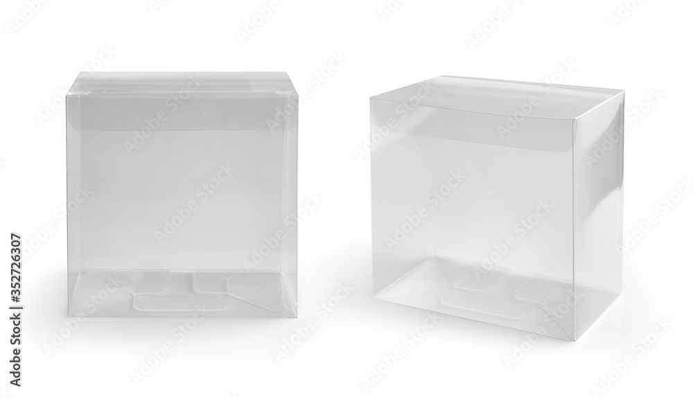 Transparent plastic packaging box isolated on white with clipping path - obrazy, fototapety, plakaty 