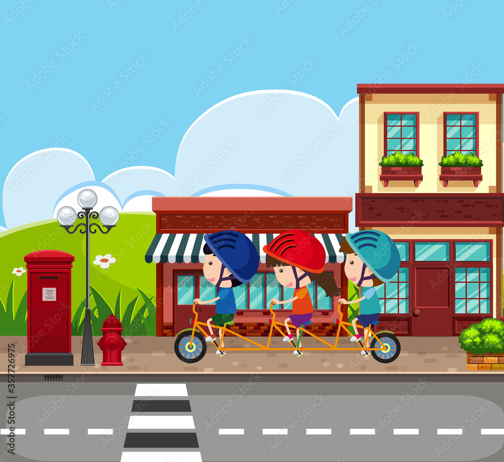Naklejka premium Background scene with kids riding bike on the sidewalk
