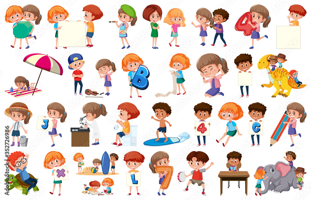 Large set of children doing different activities on white background Large set of children doing different activities on white background