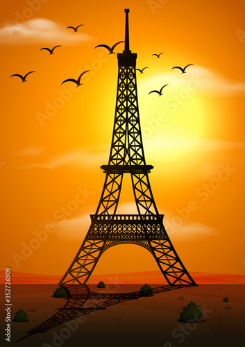Silhouette scene with eiffel tower at sunset