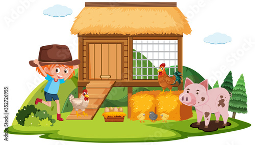 Farm scene with girl and many chickens on the farm