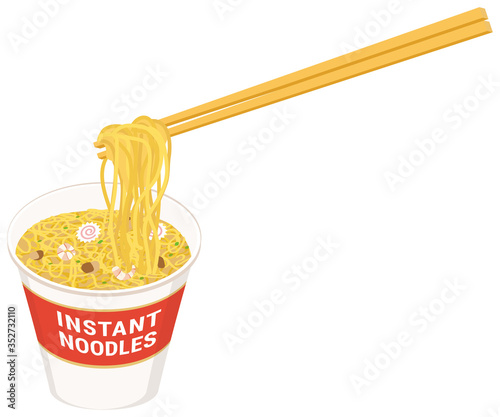 Hold cup ramen with chopsticks