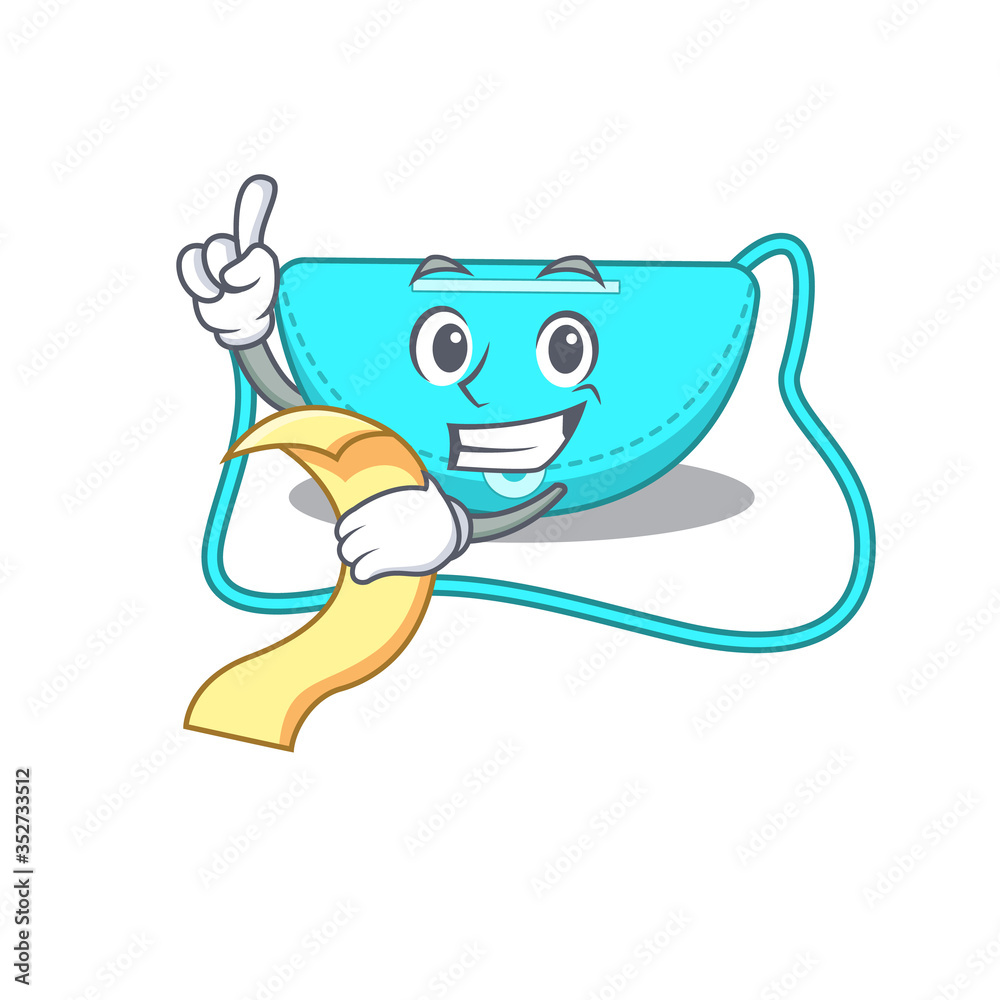 sling bag mascot character style with a menu on his hand
