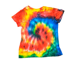 T-shirt in a bright tie dye style isolated on a white background. Flat lay. Pastel color.