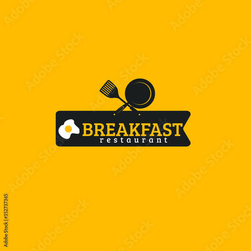 Vector illustration of text with frying pan, spatula and fried egg in black ribbon isolated on yellow background fit for morning restaurant logo 