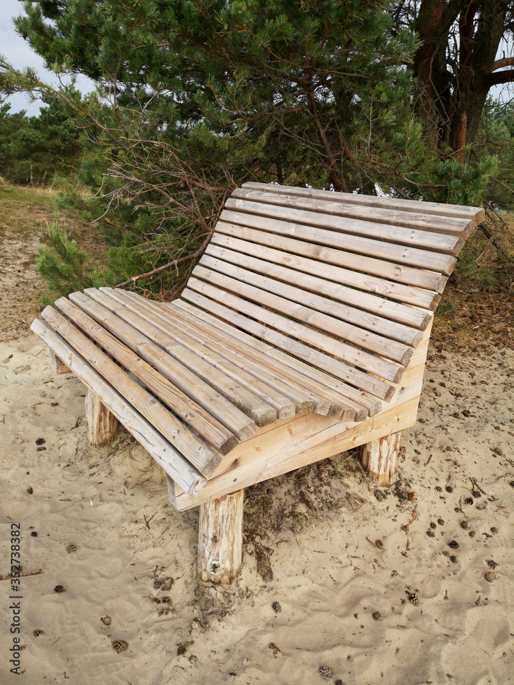 New wooden bench on sea dune sand near forest New wooden bench on sea dune sand near forest