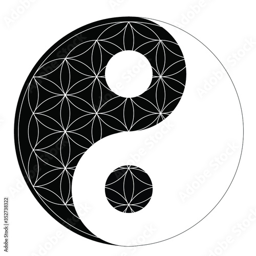 meditation symbols, ying yang vector incrusted with the flower of life