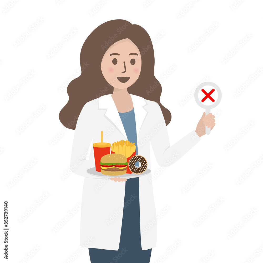 Female nutritionist doctor or dietitian holding junk food in hand isolated on white background. Nutrition consultation, food choice, healthy eating and diet plan concept. Flat vector illustration. Female nutritionist doctor or dietitian holding junk food in hand isolated on white background. Nutrition consultation, food choice, healthy eating and diet plan concept. Flat vector illustration.