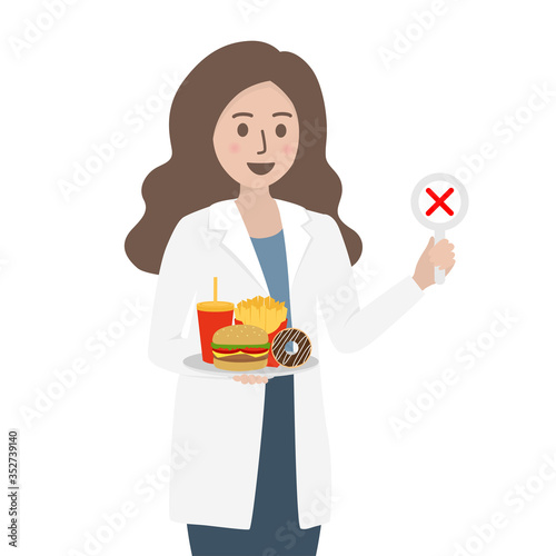 Female nutritionist doctor or dietitian holding junk food in hand isolated on white background. Nutrition consultation, food choice, healthy eating and diet plan concept. Flat vector illustration.