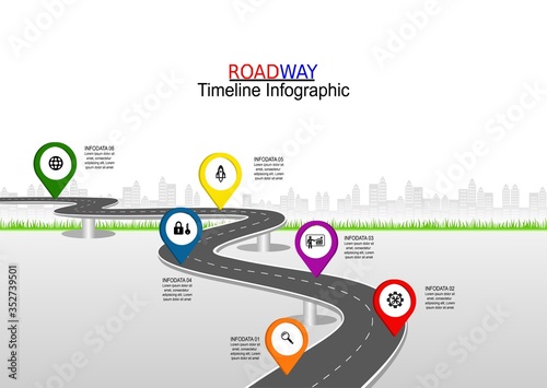 Vector template infographic Timeline of business operations with flags and placeholders on curved roads. Symbols, steps for successful business planning Suitable for advertising and presentations.