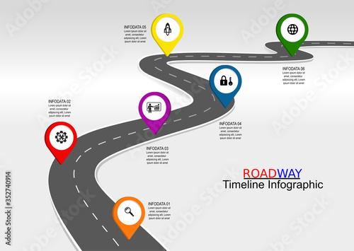 Vector template infographic Timeline of business operations with flags and placeholders on curved roads. Symbols, steps for successful business planning Suitable for advertising and presentations.