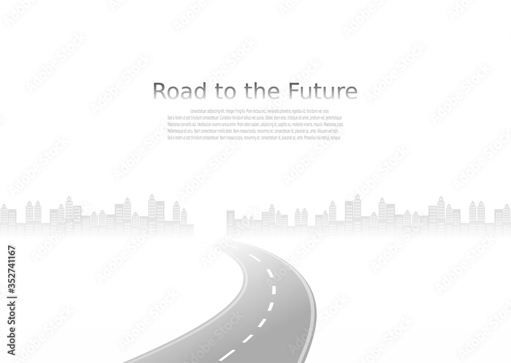 Roadway journey to the future. Asphalt street isolated on city background. Symbols Way to the goal of the end point. Path mean successful business planning Suitable for advertising and presentstation