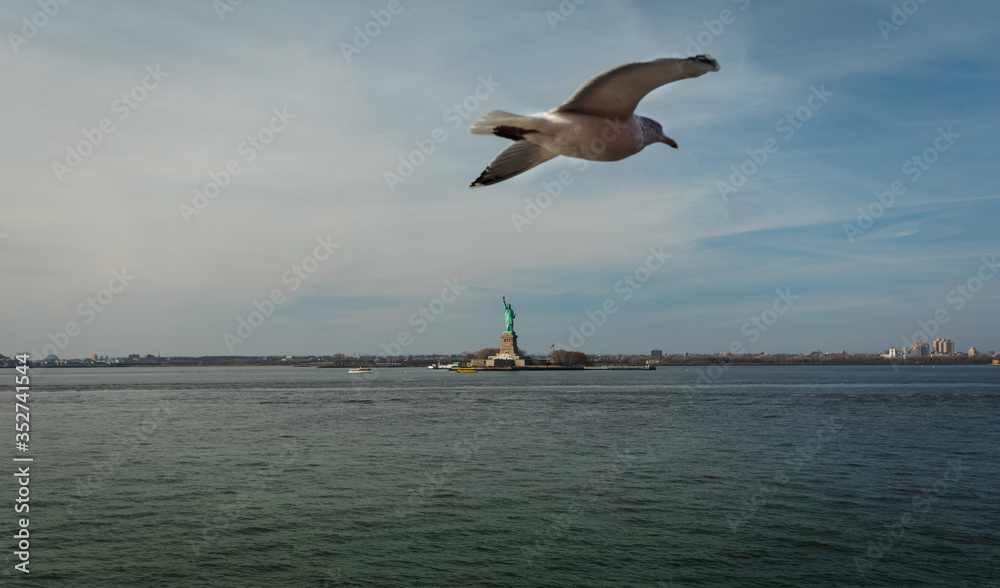 Statue of Liberty with Seagull in Flight in Foreground