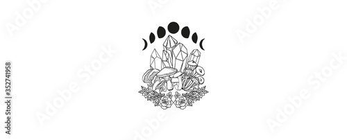 This witchy illustration features the moon phases, crystals, mushrooms, and succulent plants. 