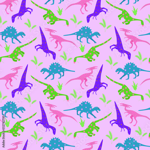 Funny cartoon different colored dinosaurs in flat style. Seamless vector pattern for your design, packaging, fabric, Wallpaper, decoration. Children's seamless pattern