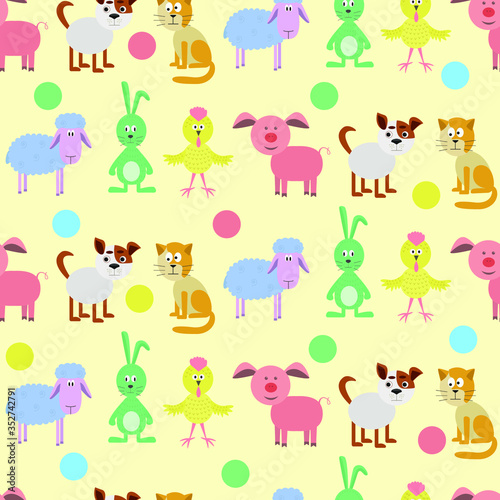Funny cartoon animals.Seamless vector pattern for your design, decoration, fabric, Wallpaper. Dog, cat, pig, sheep, hare in flat style