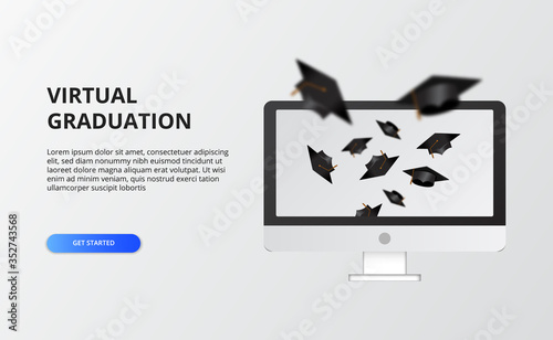 Virtual graduation for quarantine time at covid-19. computer screen with graduation cap flying.