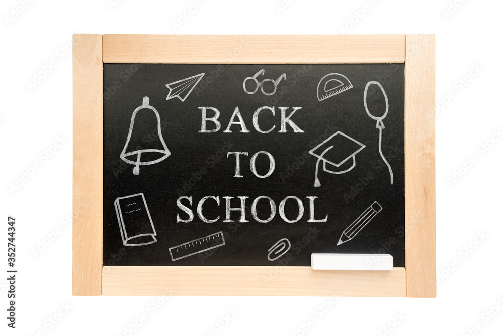 Blackboard with text back to school and drawings. School Board in wooden frame isolated on white background. Blackboard with text back to school and drawings. School Board in wooden frame isolated on white background.