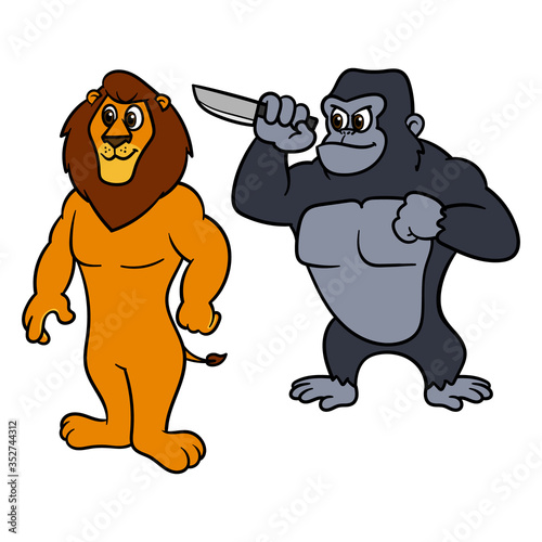 Cartoon Gorilla Backstabbing Lion Illustration