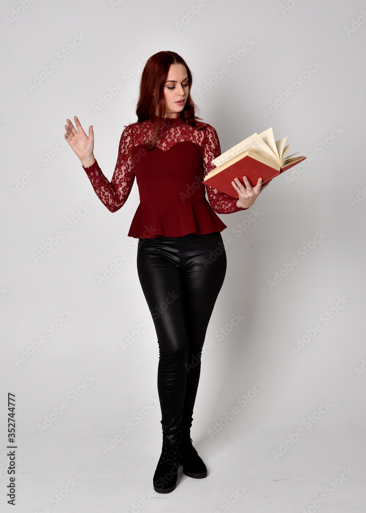 Girl reading a book in different poses and various