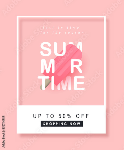 Summer sale design with pink ice cream Color background layout banner .Vector illustration template.