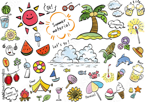 夏：夏　線画　セット　イラスト　手書き　ベクター　アイコン　かわいい　水彩　油彩　ふきだし

