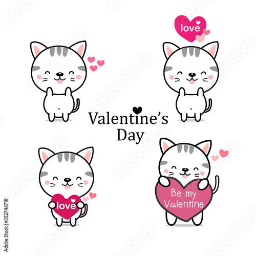 Little cat with pink hearts. vector illustration.