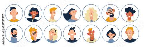 People portraits set. Flat style vector design concept illustration of young men and women, male and female faces and shoulders avatars. Flat style vector icons set.